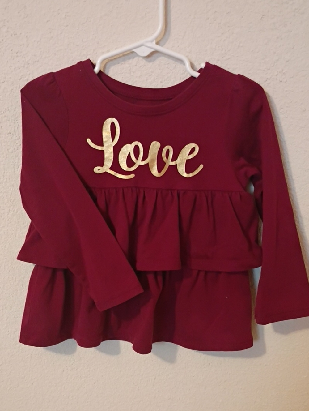 Garanimals Burgundy Long-Sleeve Ruffle Top with Gold "Love"